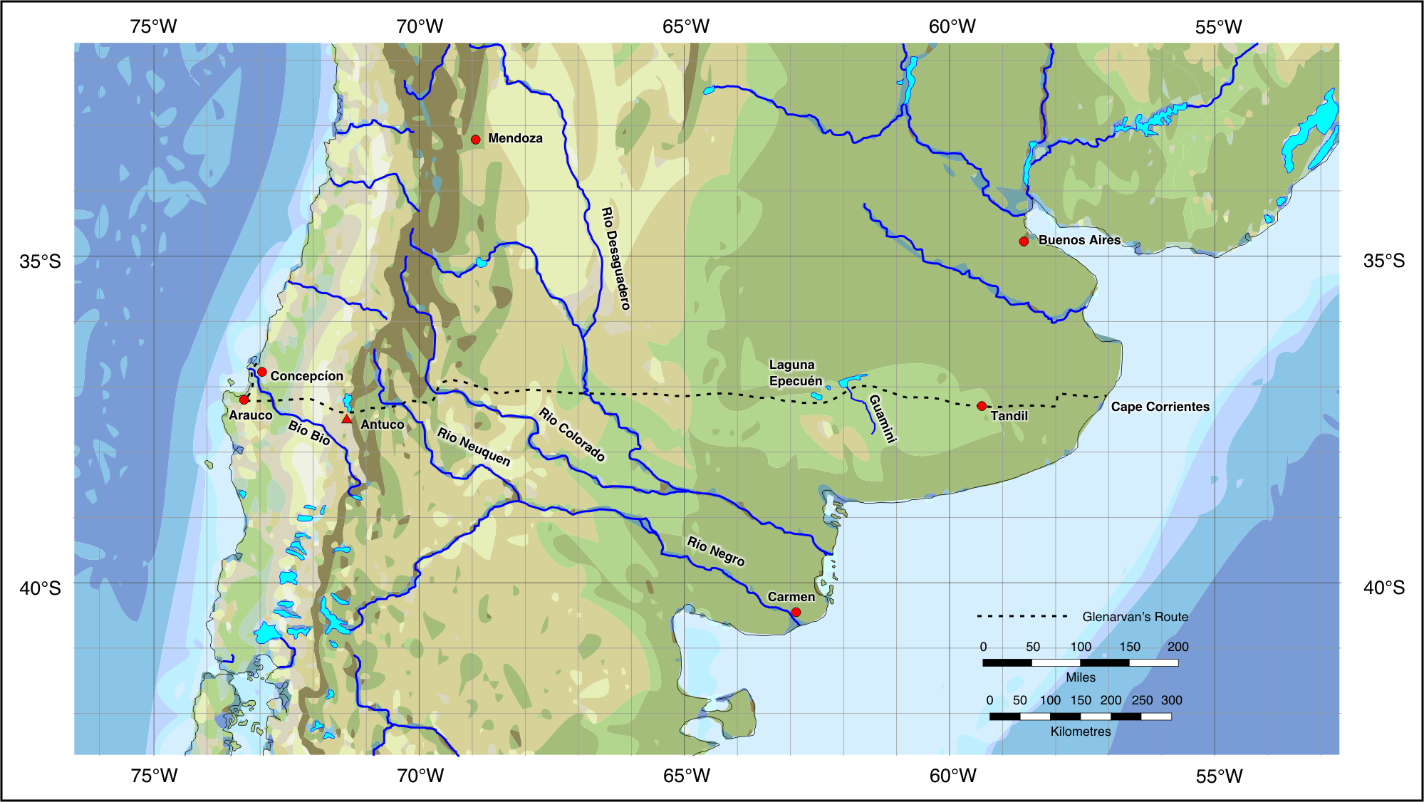 Map of the searcher’s route across Argentina at the 37th parallel